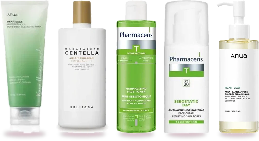 Τα προϊόντα του σετ: T Puri-Sebotonique Normalizing Face Toner, T Sebostatic Day Anti-Acne Normalizing Face Cream SPF 20, Madagascar Centella Air-Fit Suncream Plus SPF50+ PA++++, Heartleaf Pore Control Cleansing Oil, Heartleaf Quercetinol Pore Deep Cleansing Foam