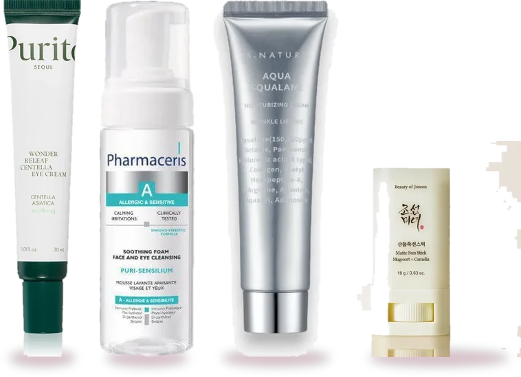 Τα προϊόντα του σετ: Puri-Sensilium Soothing Cleansing Foam, Aqua Squalane Moisturizing Cream, Wonder Releaf Centella Eye Cream Unscented, Matte Sun Stick Mugwort + Camellia SPF50+ PA++++