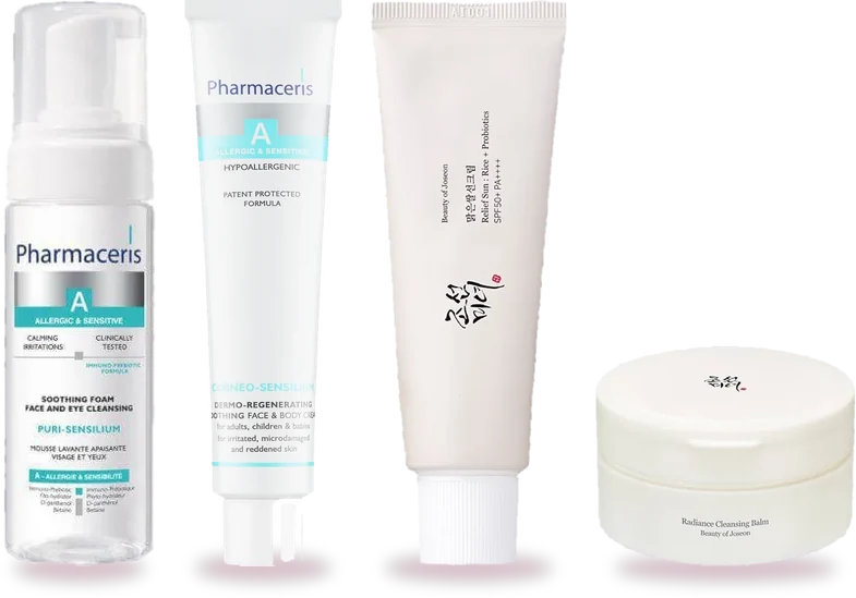 Τα προϊόντα του σετ: Hyaluro-Sensilium, Relief Sun Rice + Probiotics SPF50+, Radiance Cleansing Balm, Puri-Sensilium Soothing Cleansing Foam